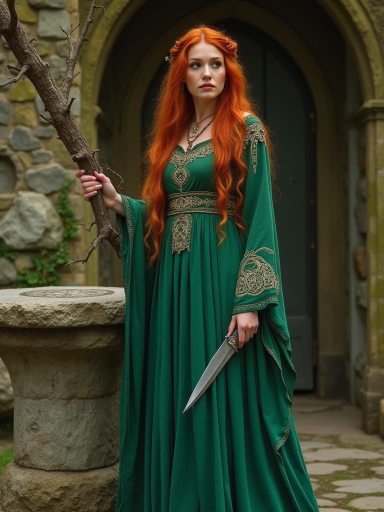 Mystical Druid Priestess in Emerald Green Robes Behind Ancie...