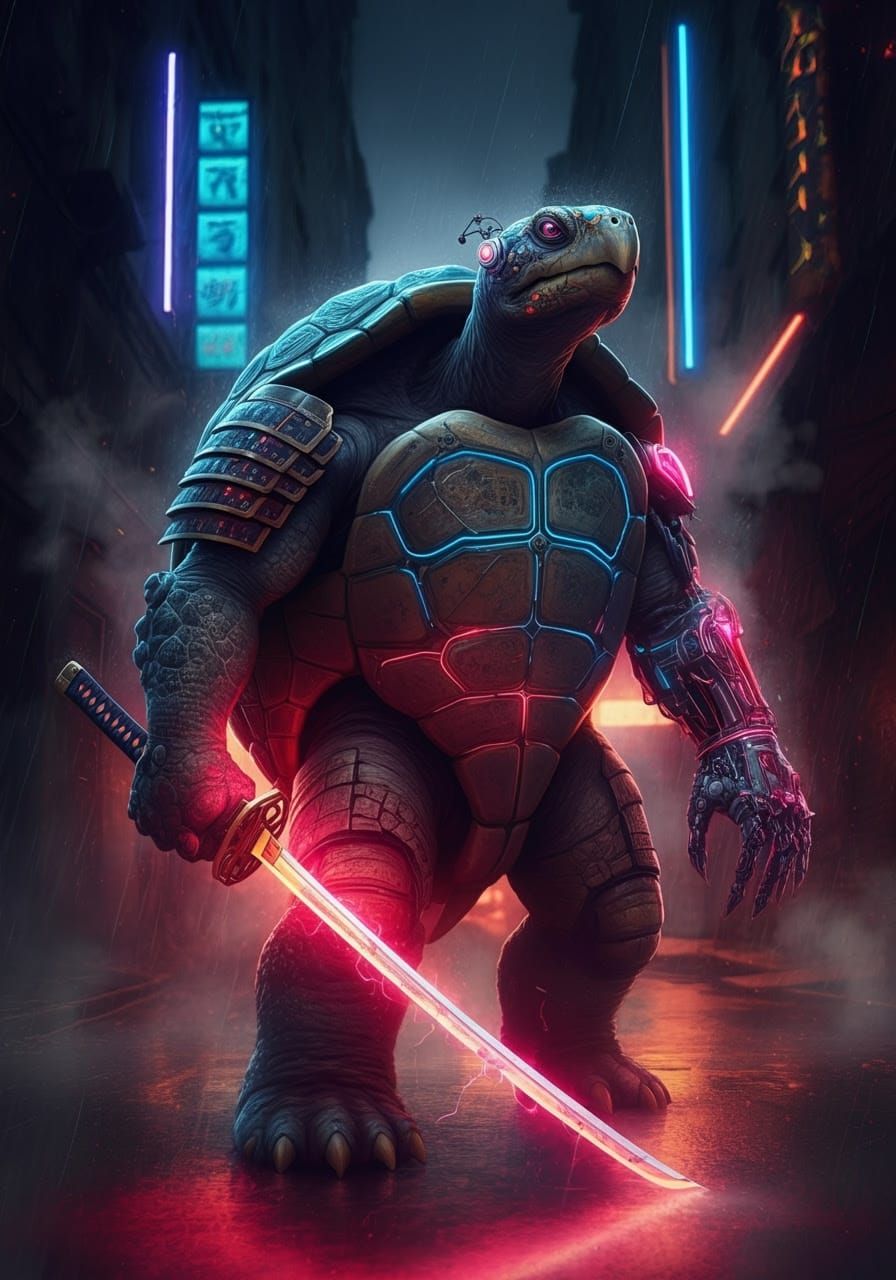 A cyberturtle warrior standing in a dark alley.