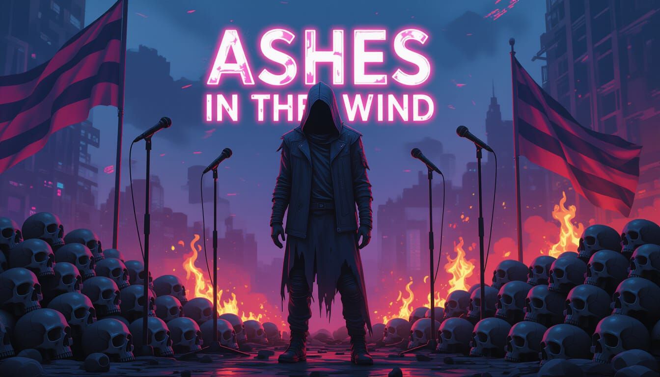 Dystopian Figure Amidst Ruins in Neon Cyberpunk Style