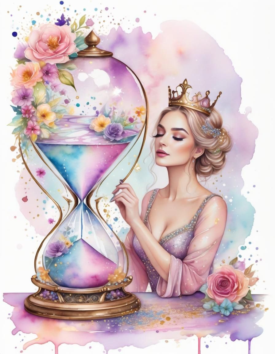 Queen Tending Hourglass in Whimsical Watercolor