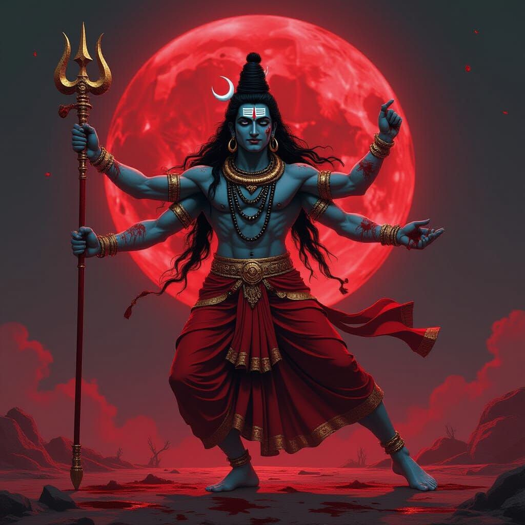 Lord Shiva's Tandava Dance in Crimson Moonlight