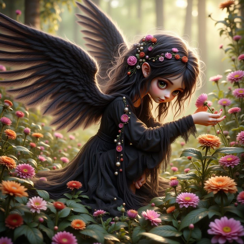 Whimsical Dark Angel in Vibrant Garden
