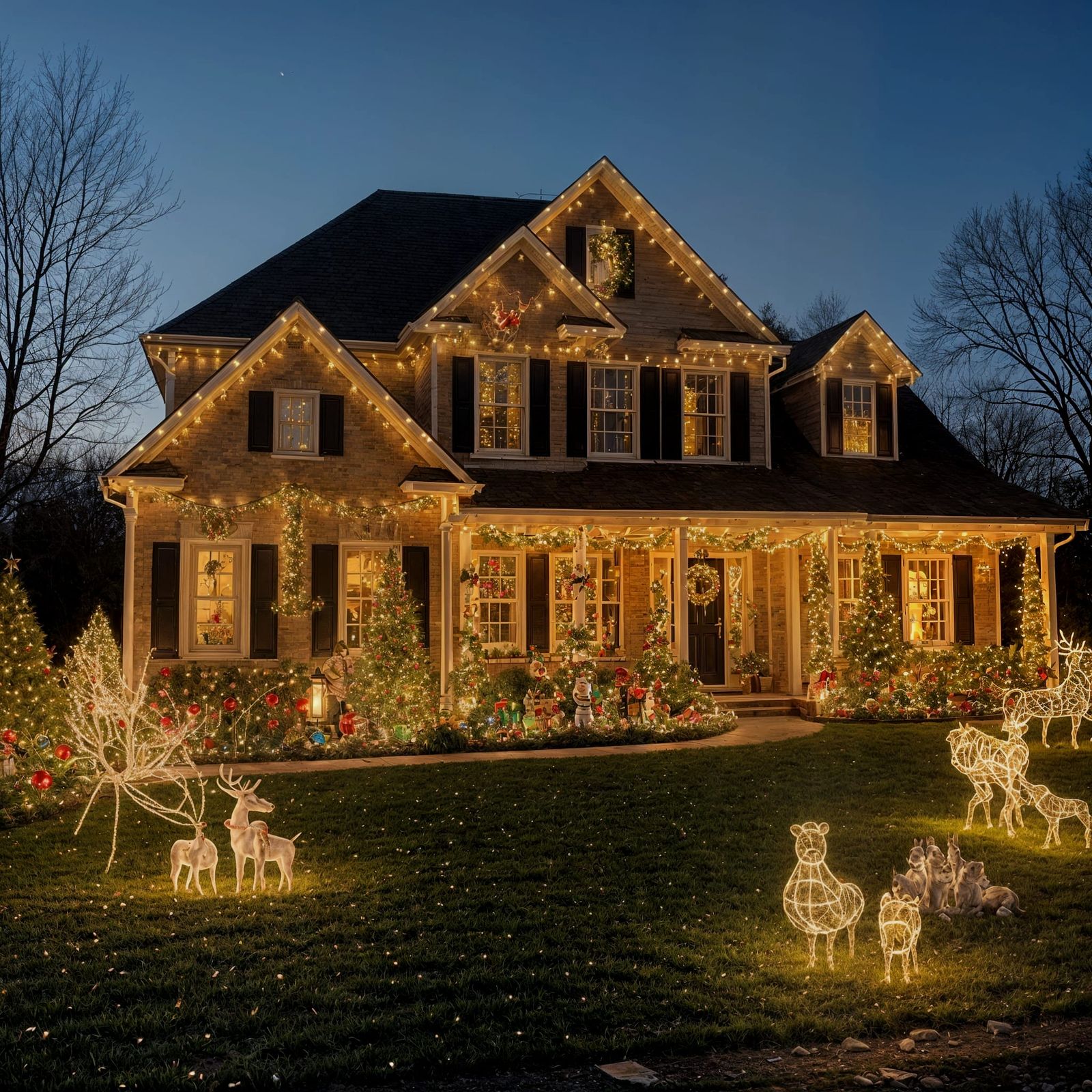 Festive Family Home Adorned with Christmas Lights and Lawn D...