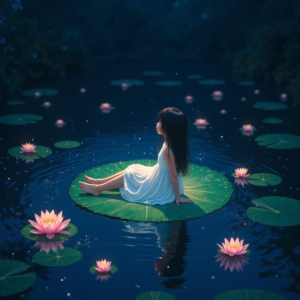 Magical Night Pond Scene: Girl on Glowing Lily Pad
