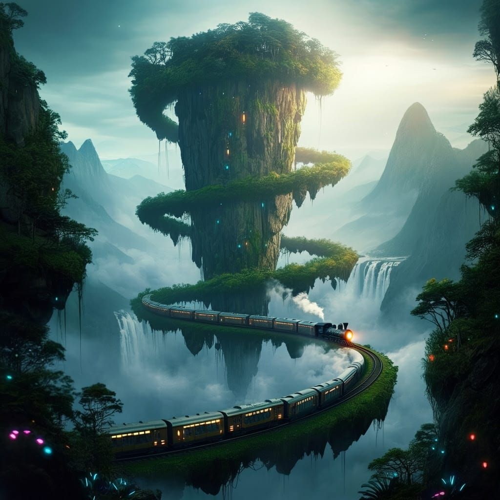 Futuristic Train Climbs a Floating Mountain