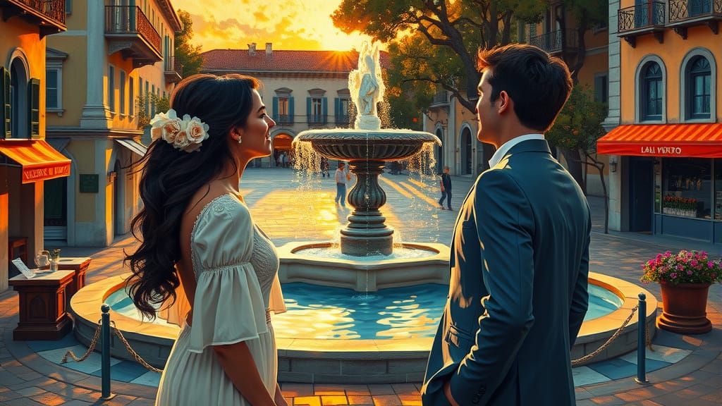 Couple Gazing at Fountain in Impasto Style