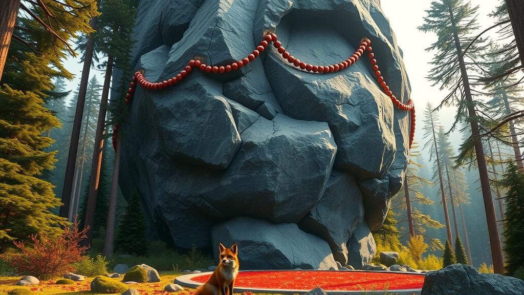Mystical Boulder in Pine Forest, Digital Matte Painting