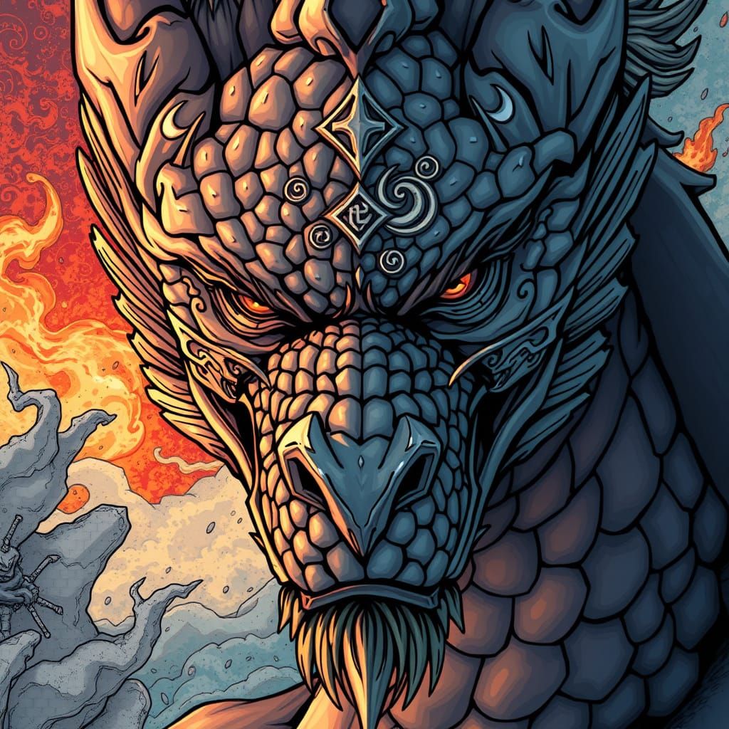 Man-Dragon with Magical Symbols in Comic Art Style