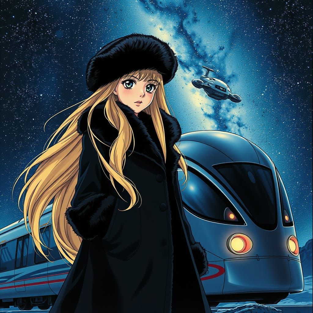 Anime Woman Beside Space Train in Starry Sky