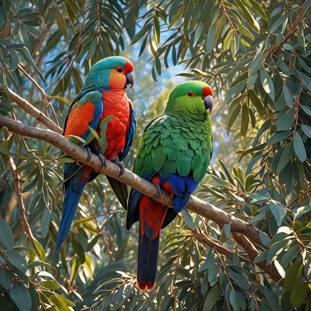 Majestic King Parrot on Eucalyptus Branch