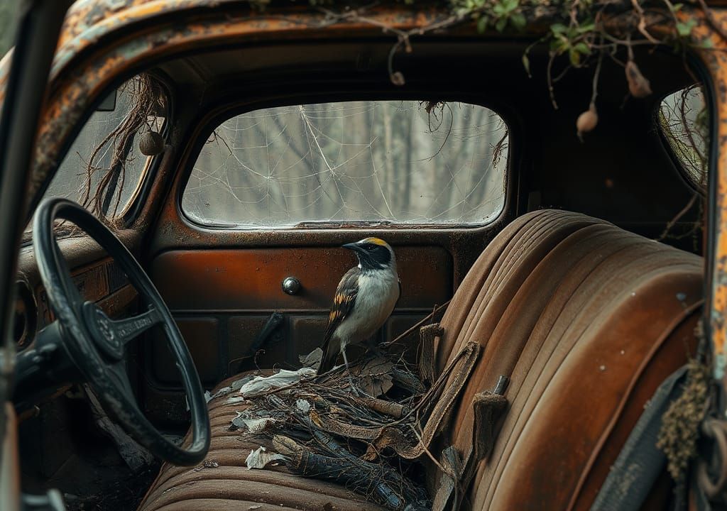 Bird's Nest in Rusted Car, Earthy Tone