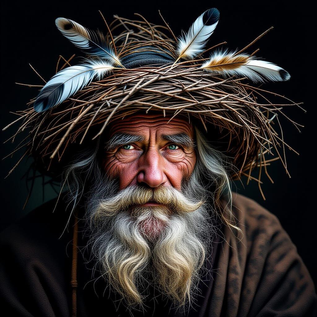 Old Hermit with Bird's Nest Hat in Moody Lighting