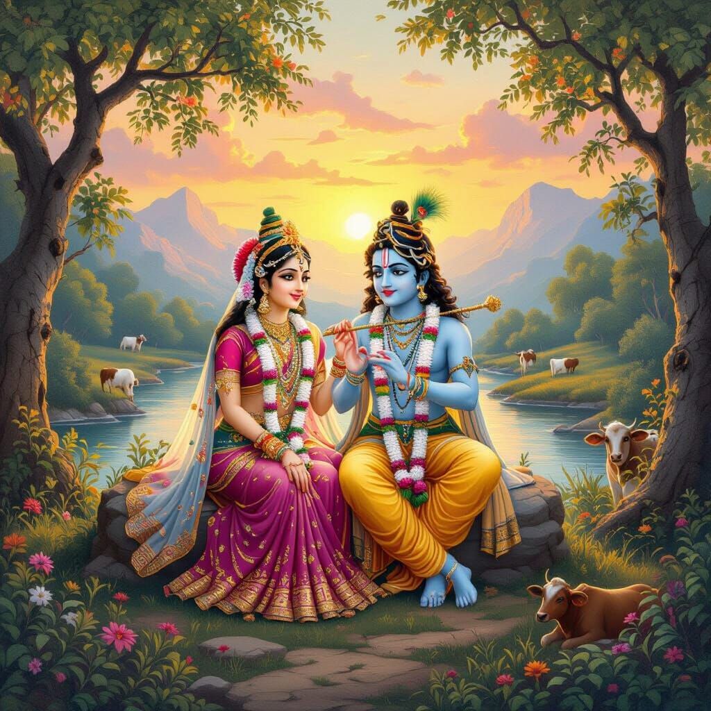 Radha Krishna in Vrindavan Forest at Sunset