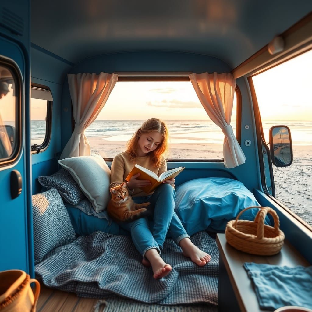 Cozy Blue Campervan with Reader and Cat