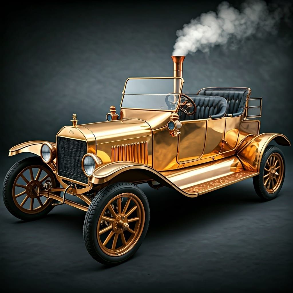 Steampunk Model T Ford in Victorian Cityscape