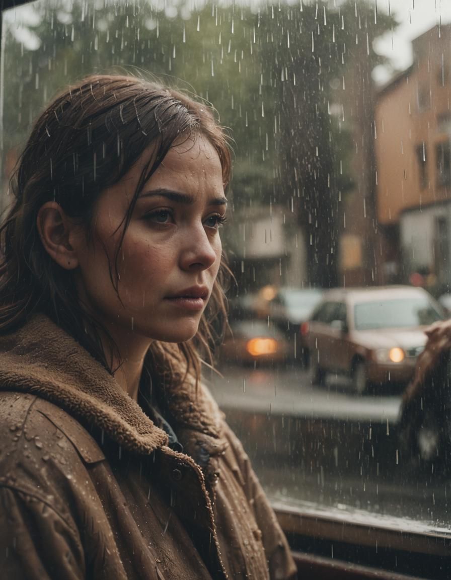 Woman with Bear Reflection in Rainy Window