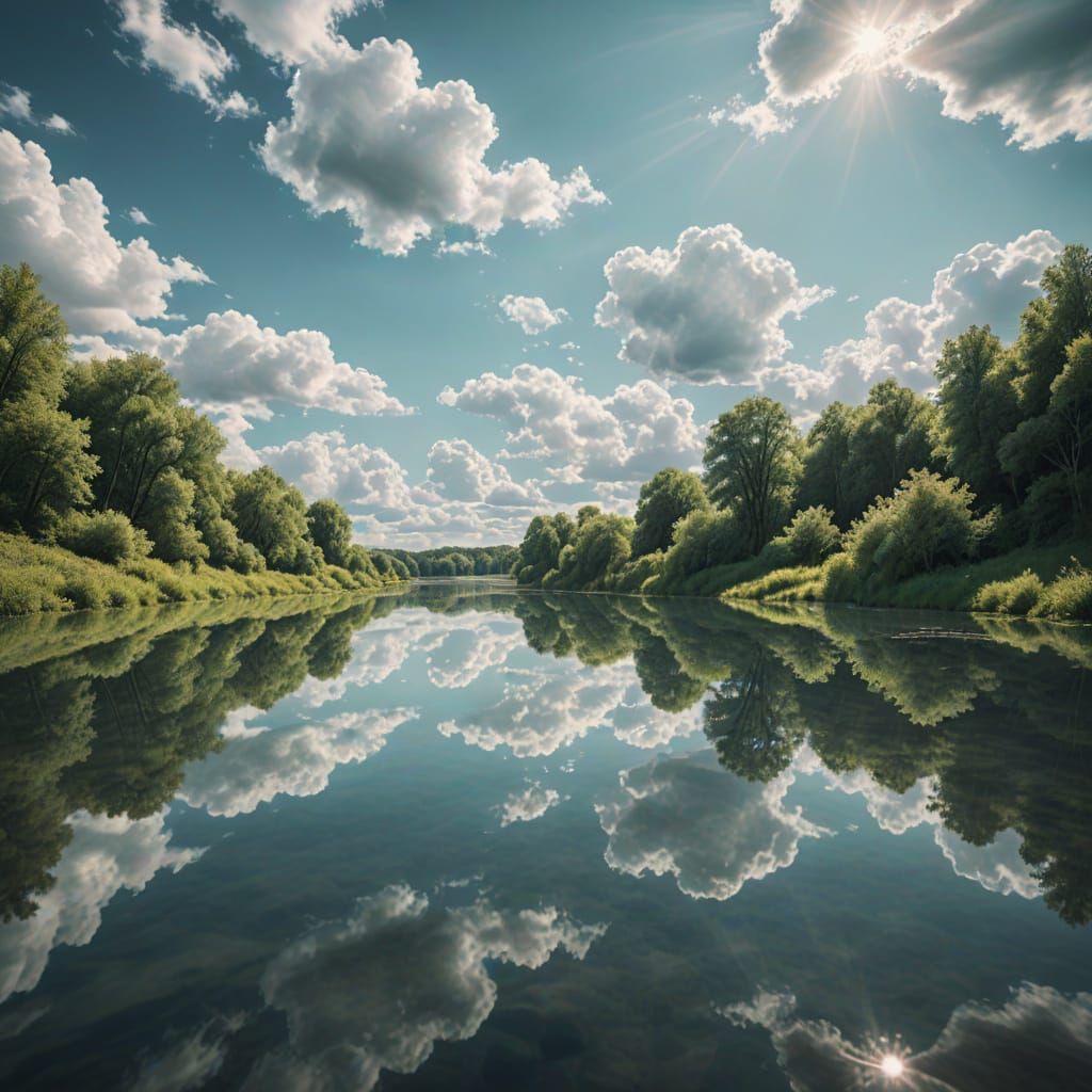 Mirror River Floats in Dreamlike Surrealist Sky