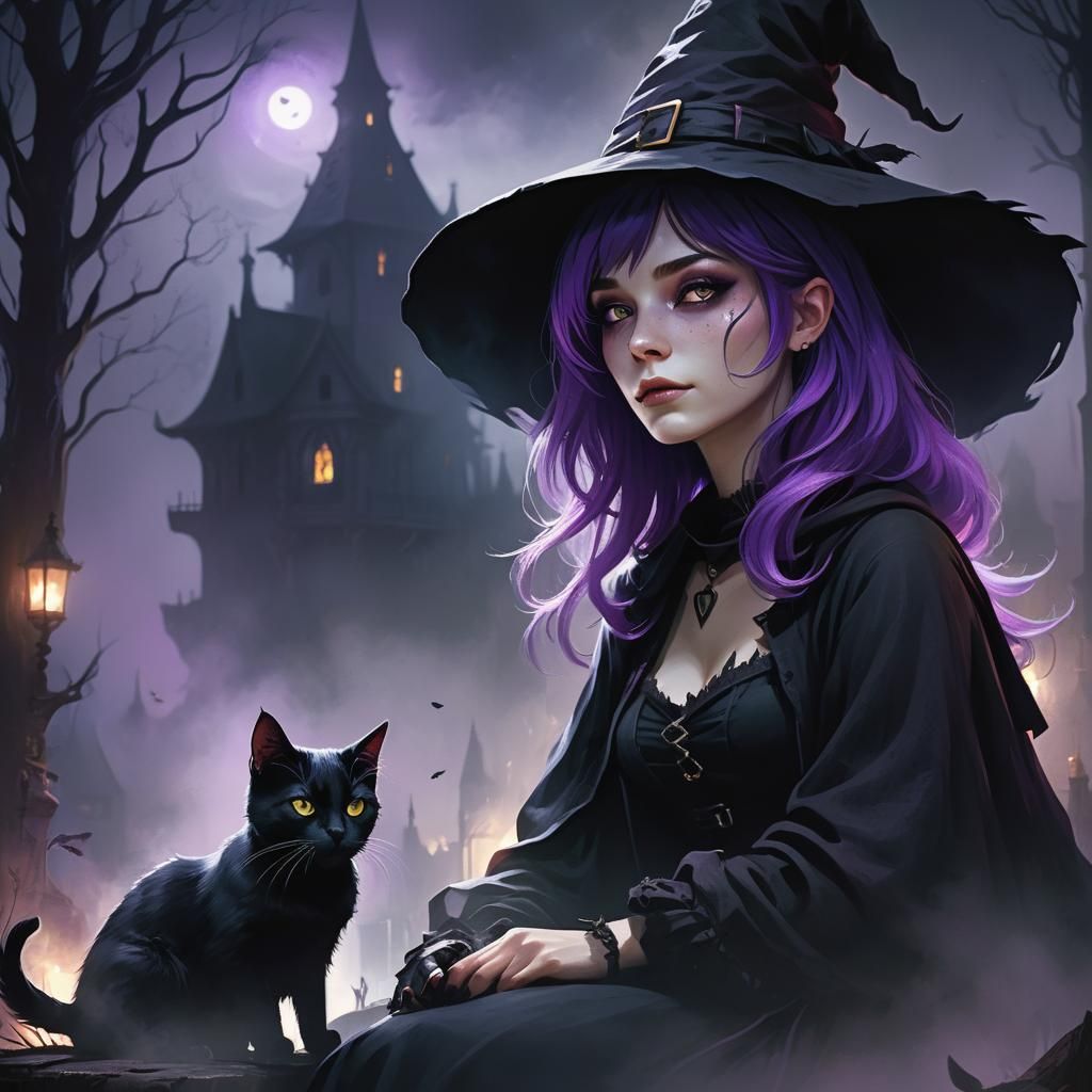 Mystical Purple-Haired Witch in Dark Fantasy Art