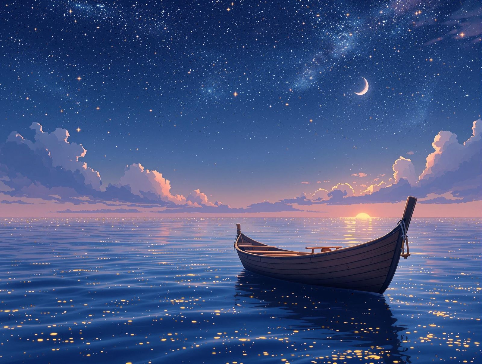 Serene Boat on Glowing Waves Under Starry Night