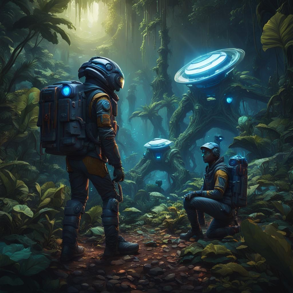 Explorers Resting in Alien Jungle at Night