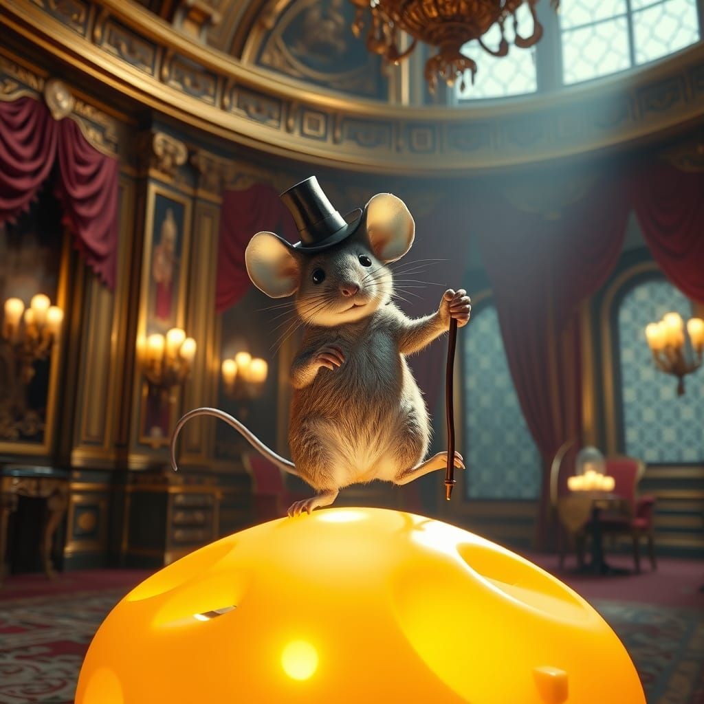 Mouse Dances on Cheese Ball in Ornate Hall