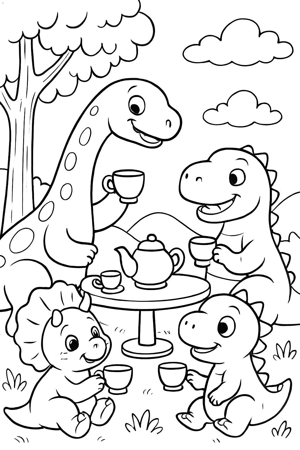 Dinosaurs Tea Party: Cartoon Coloring Page