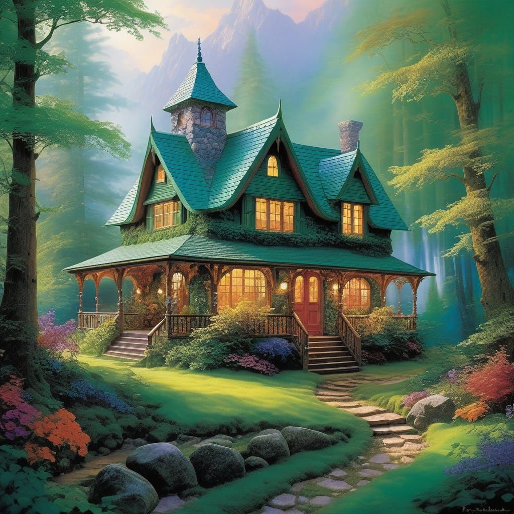 Whimsical Woodland Abode Amidst Vibrant Gemstone Landscape