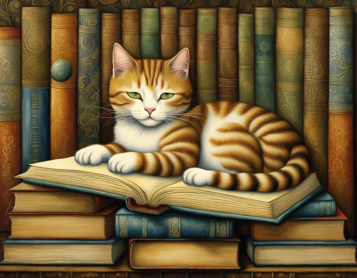 Cat Nap Among Ancient Books: Whimsical Illustration