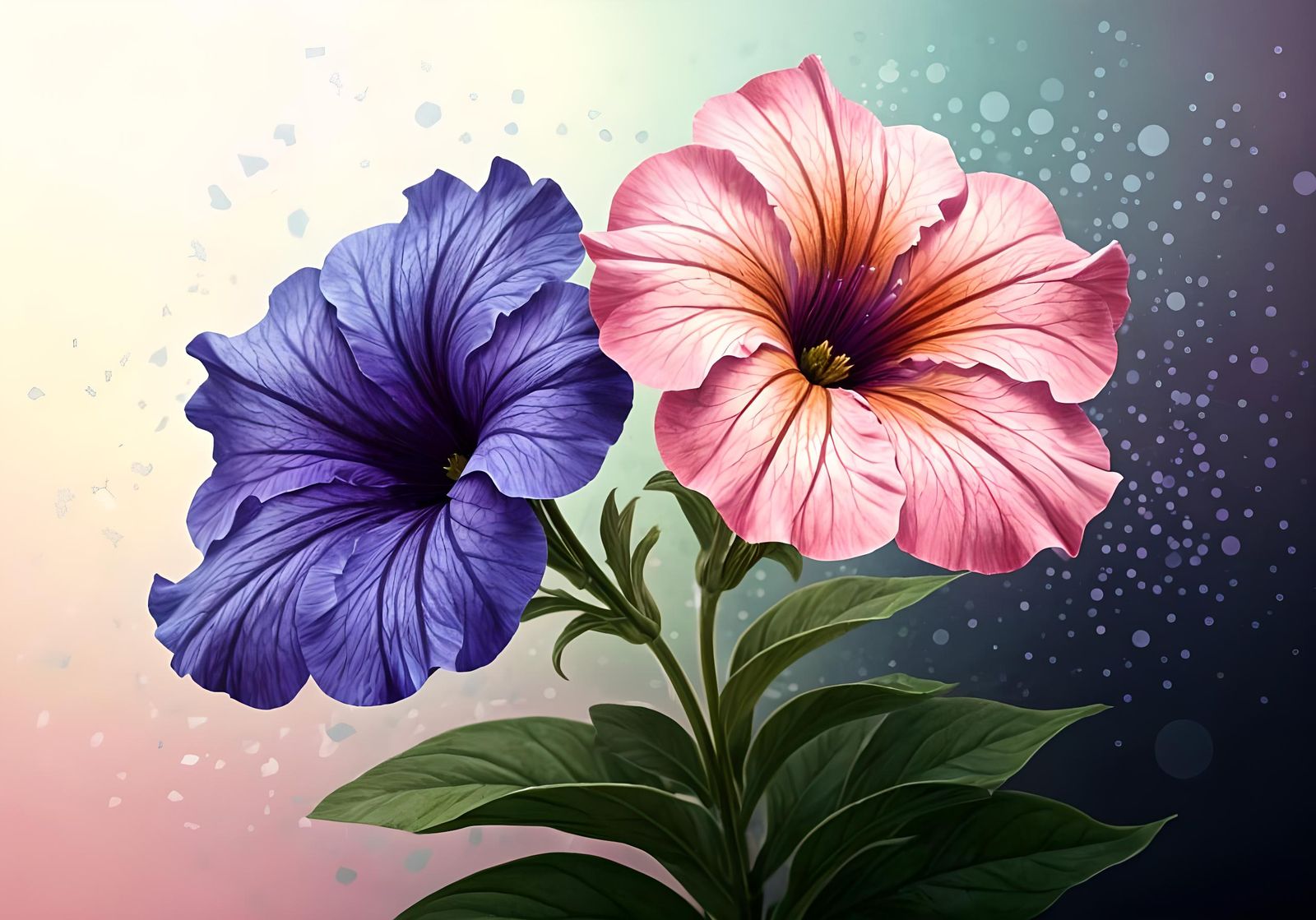 two petunias with one light purple and one pink with a few l...