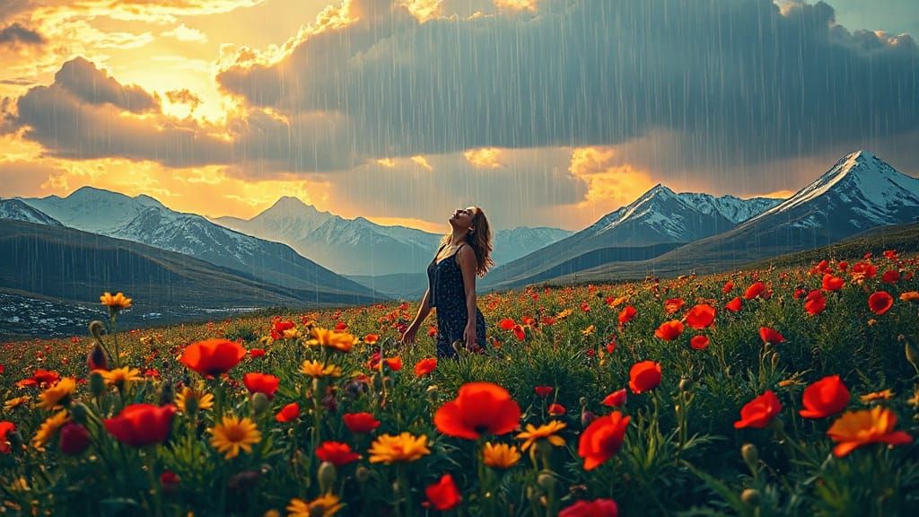 Surreal Garden with Stained Glass Plants and Light Rain