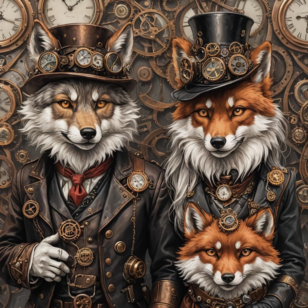 Steampunk Wolf and Fox Family Portrait