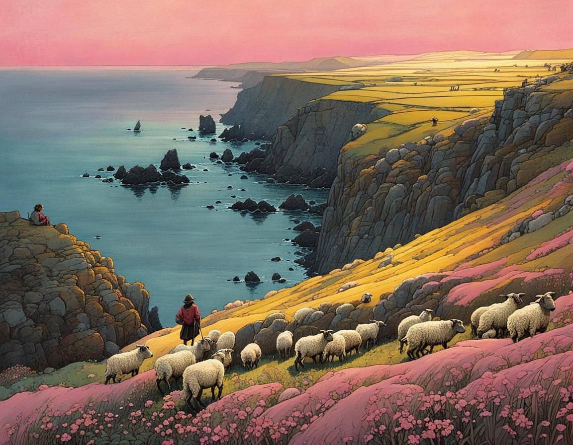 Idyllic Coastal Scene with Shepherd and Sheep