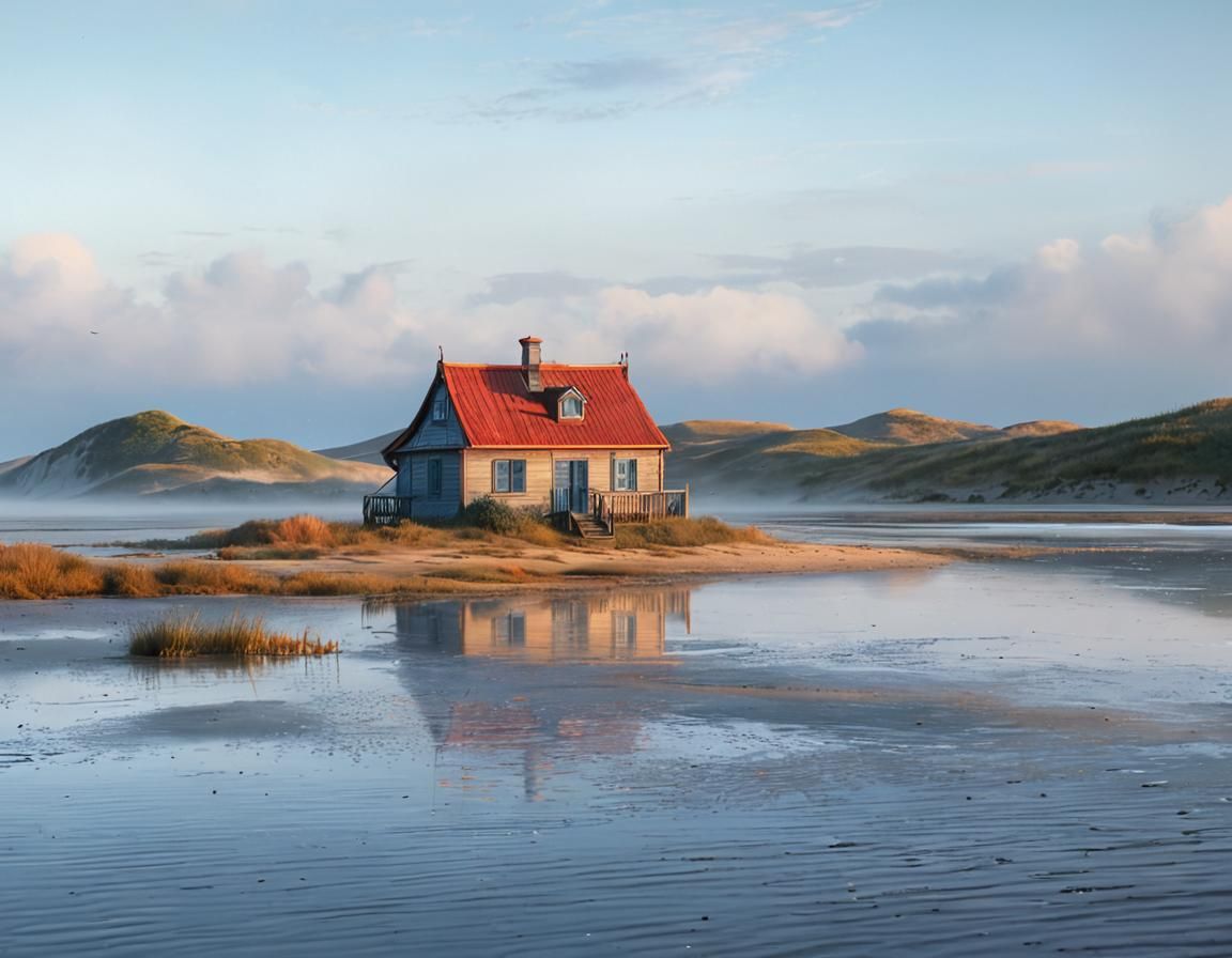 Dreamcore House by the Sea in Watercolor Style