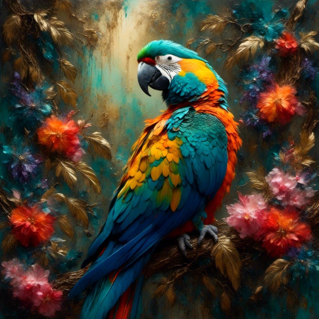 Colorful Parrot on Tropical Branch as Oil Painting