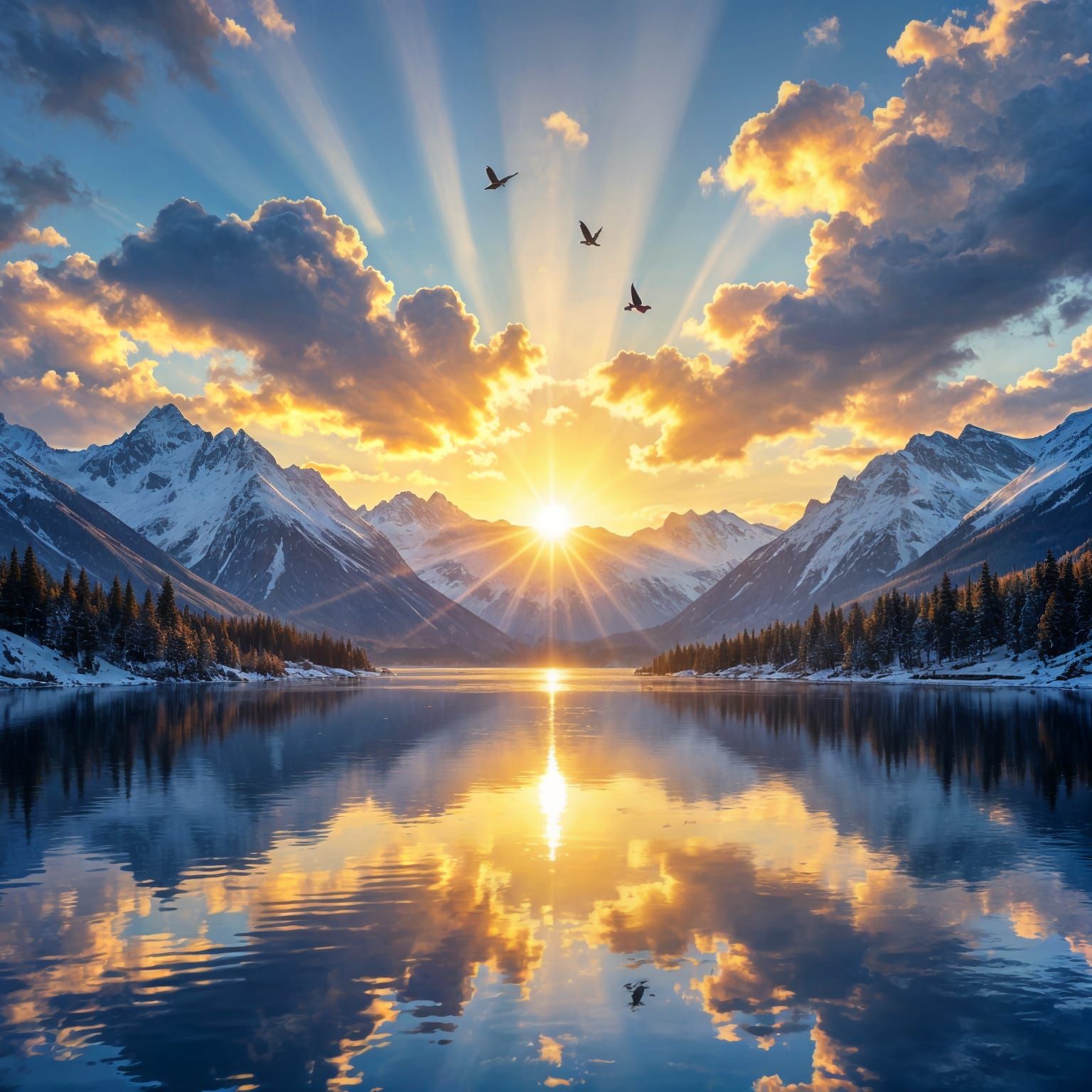 Golden Sunrise Over Snow-Capped Mountains Reflecting in Crys...