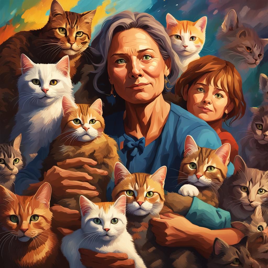 Caring Woman Surrounded by Children and Cats