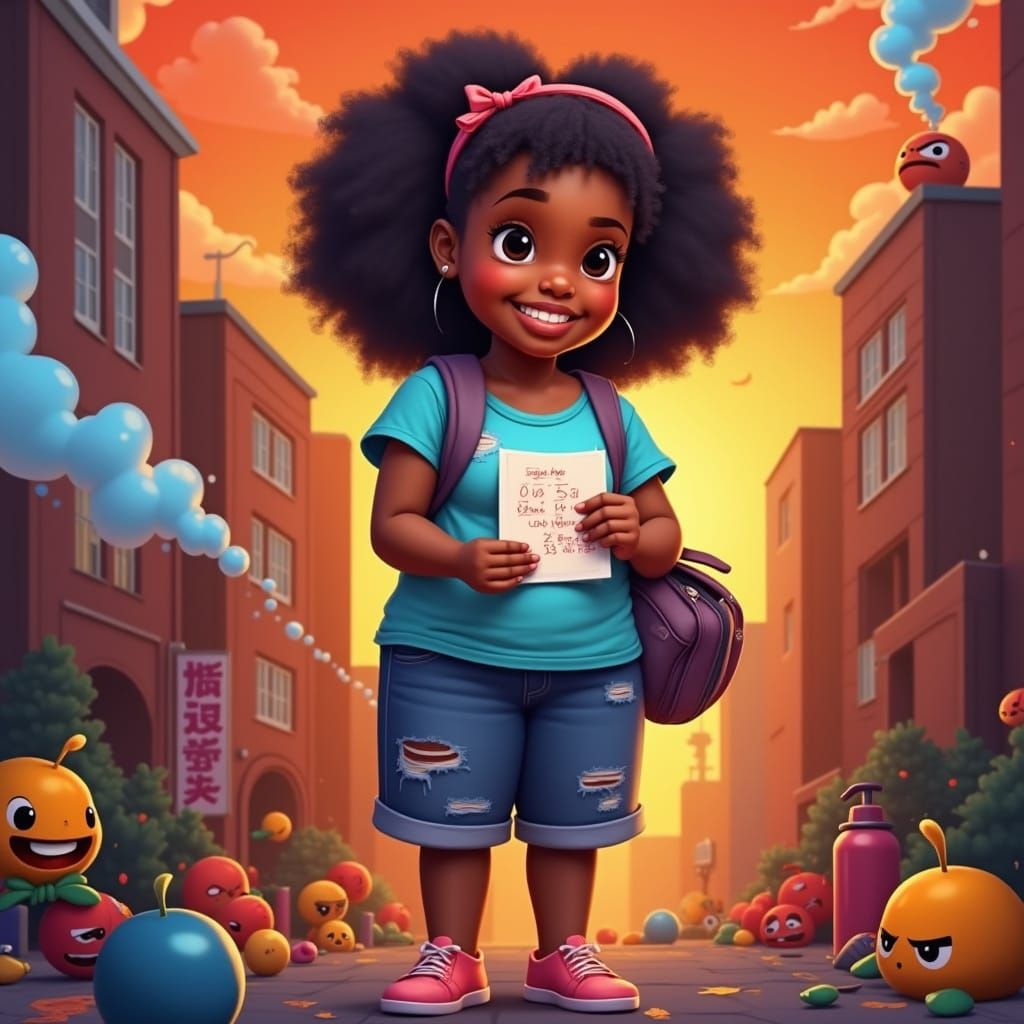 Fat Little Black Girl Studies for Math Test in Vibrant Graff...