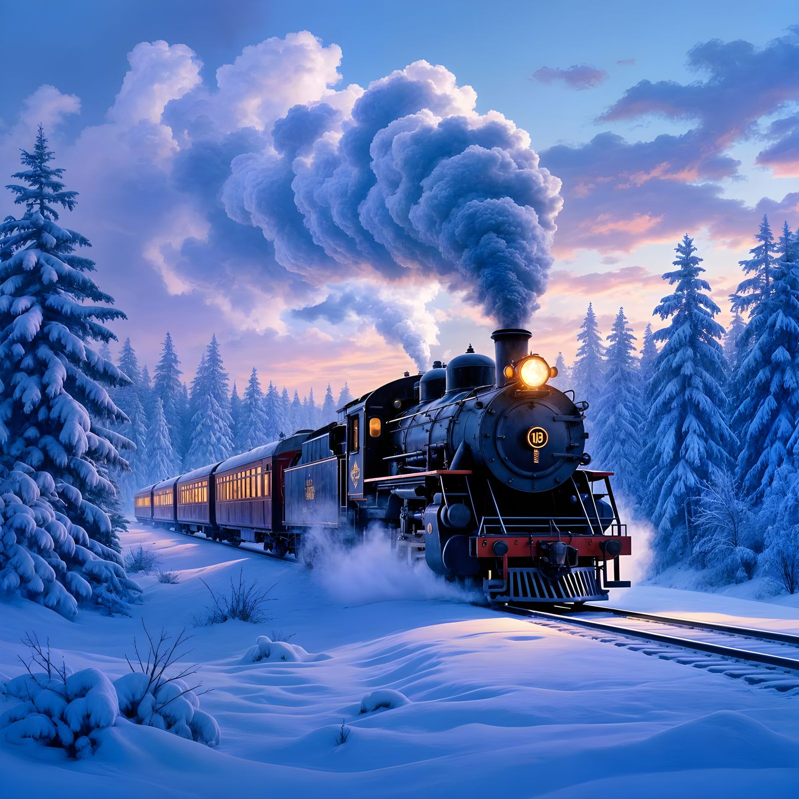 Vintage Steam Train in Snowy Forest at Twilight