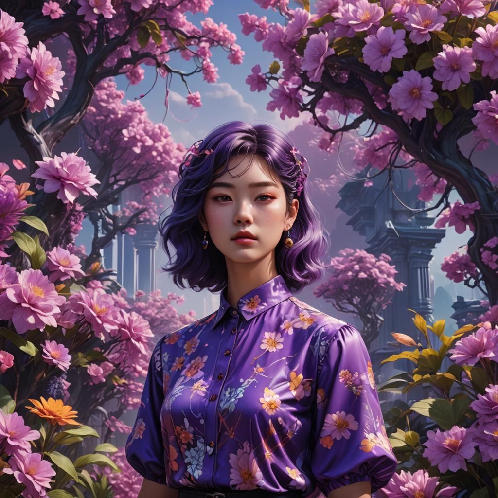 Purple Floral Blouse in Vaporwave Style