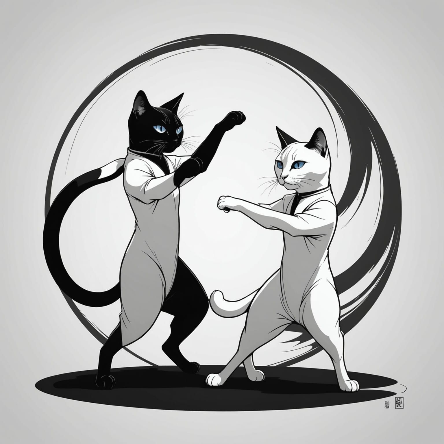 Siamese Cats Practicing Tai Chi in Ink Drawing Style