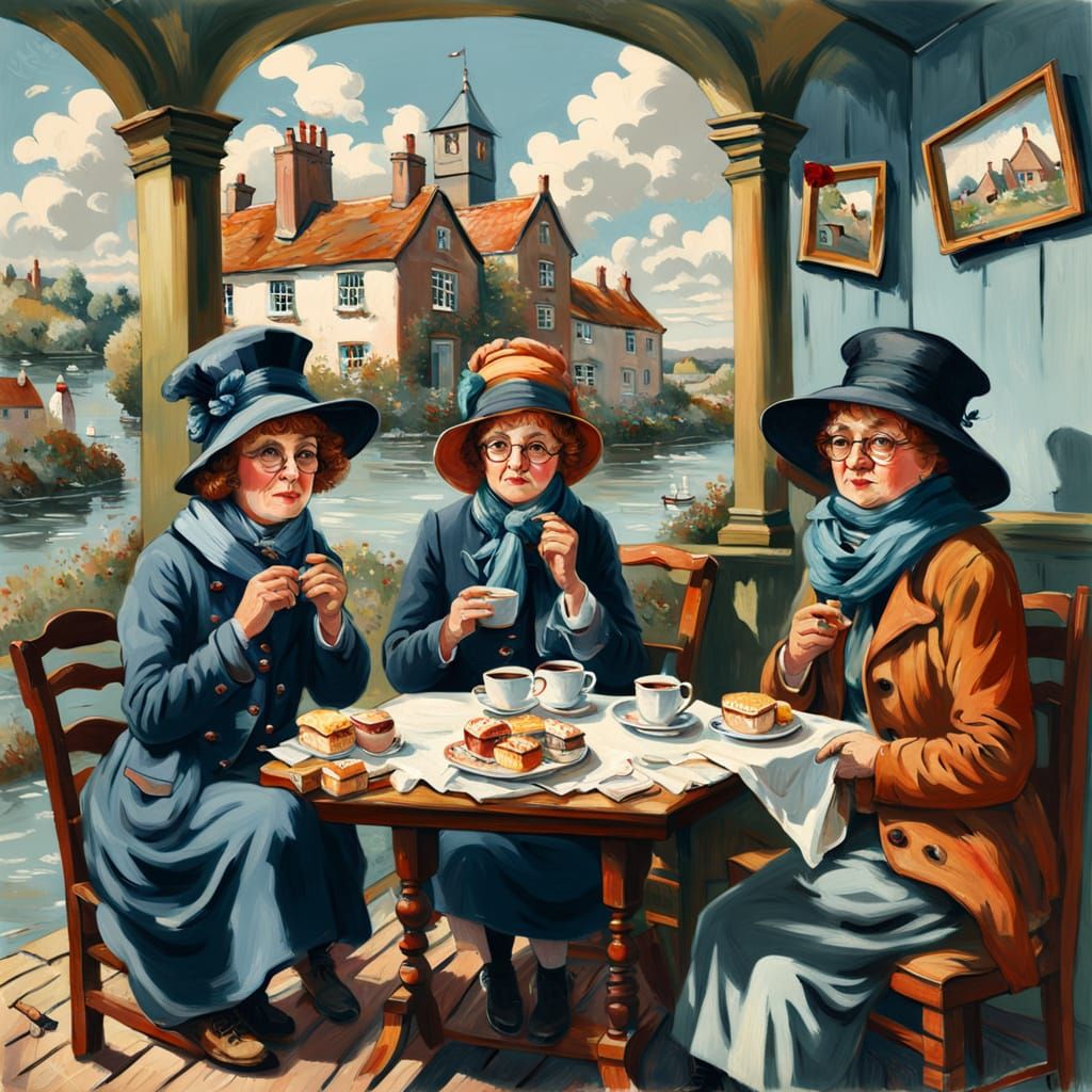 English Biddies Gossip Over Tea, Impressionistic Style