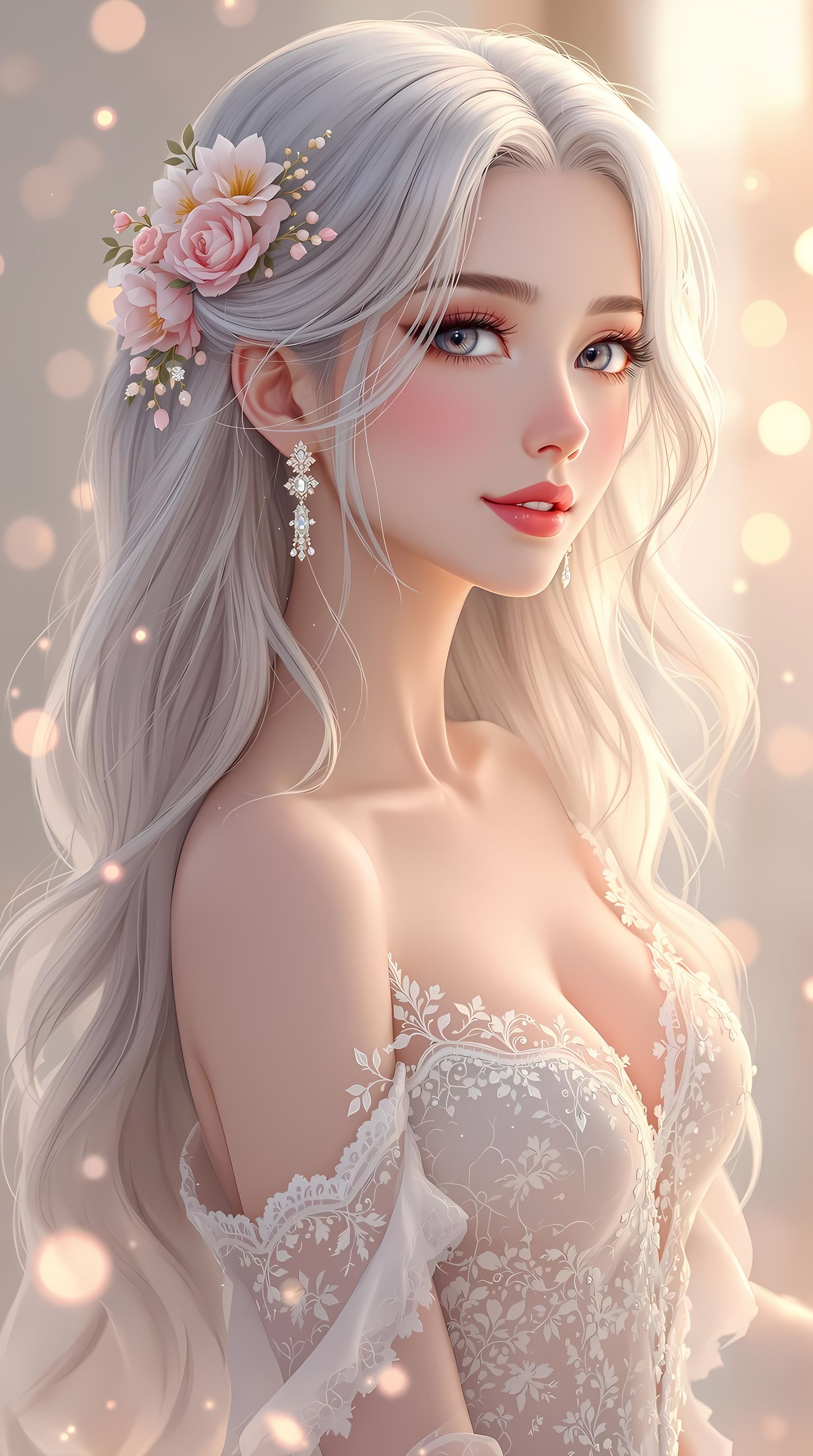 Anime Portrait of a Silver-Haired Woman in Elegant Gown