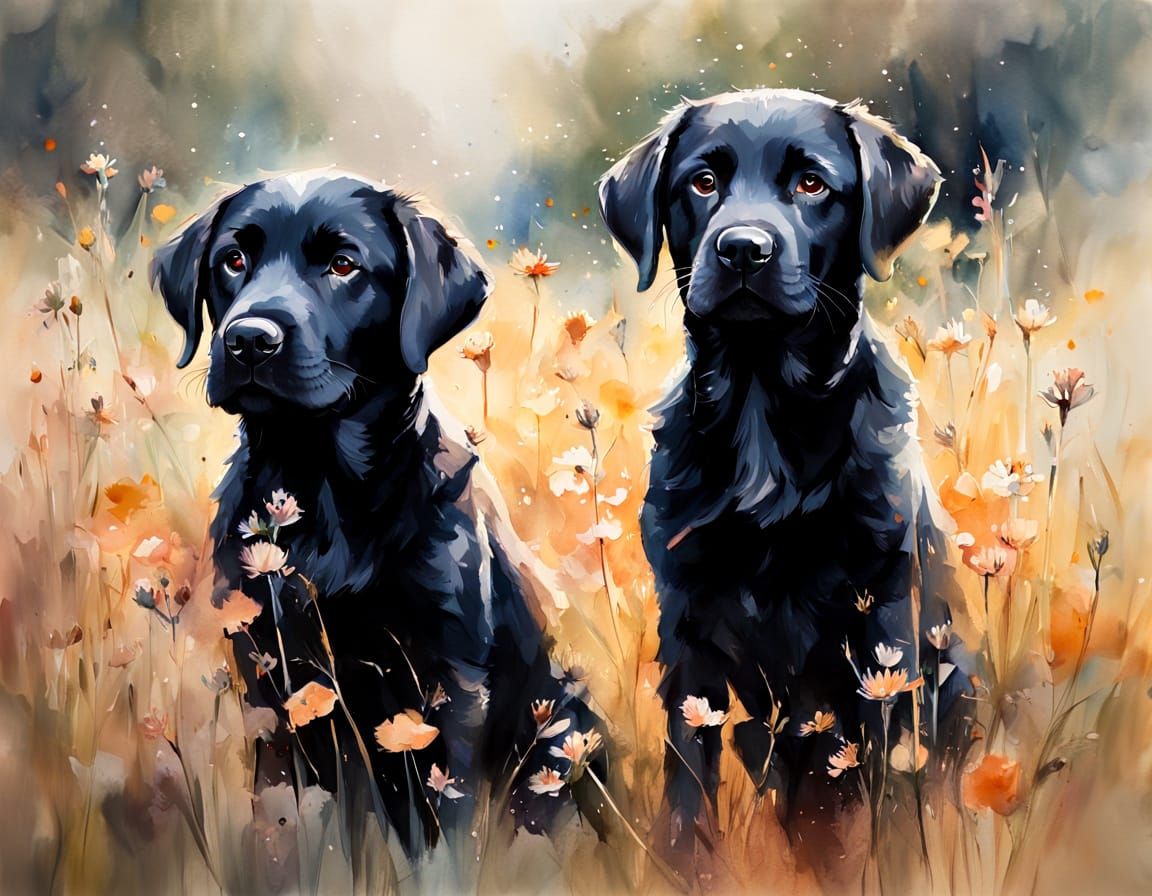 Labrador Puppies Play in Wildflower Meadow, Watercolour