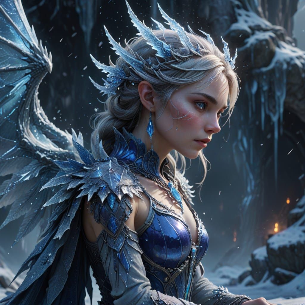 Majestic Snow Fairy on Ice Dragon in Frosty Vortex