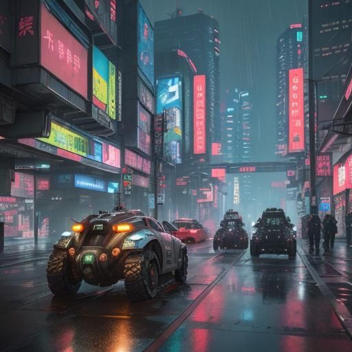 Tachikoma Tank Chase in Cyberpunk Cityscape