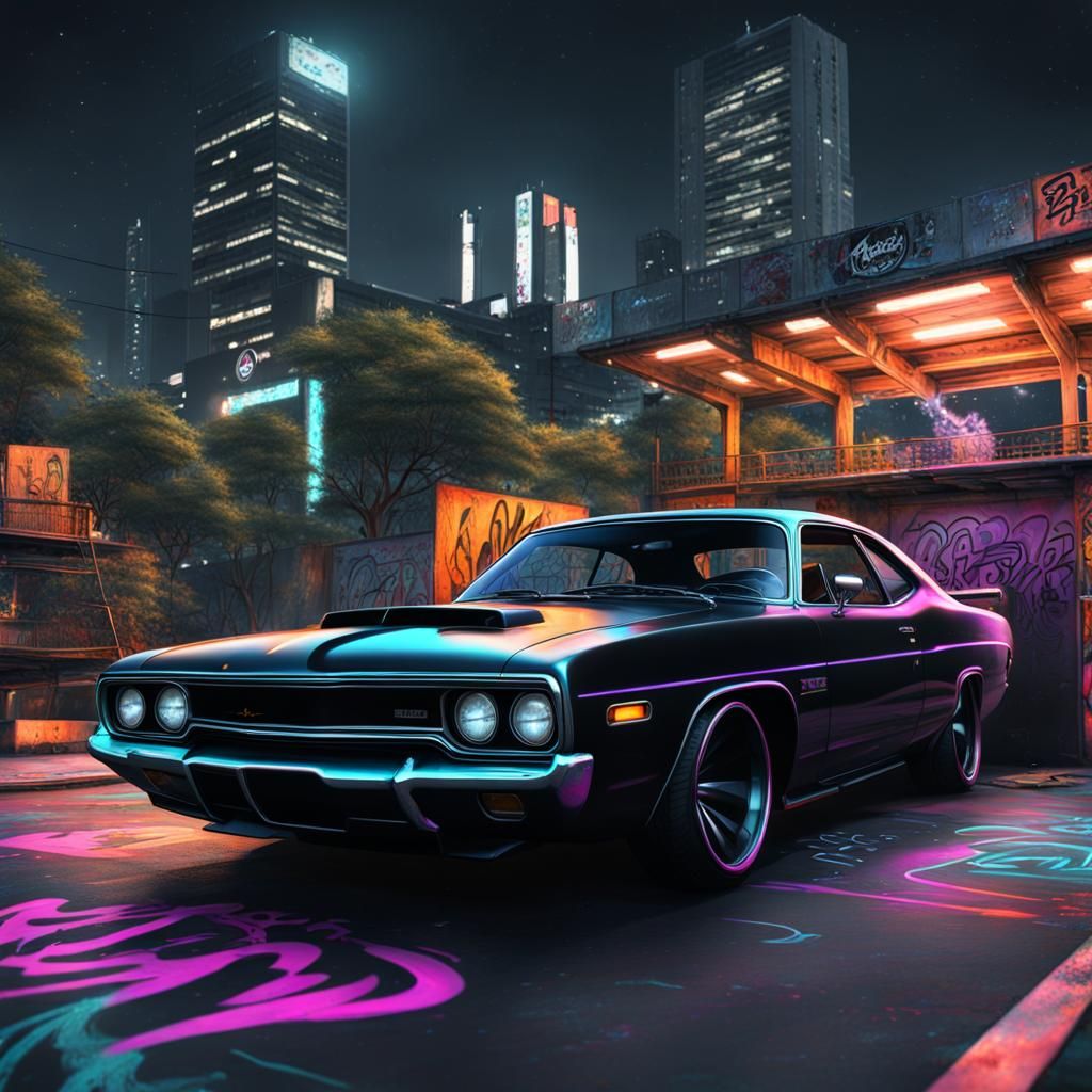 Graffiti Pearl Plymouth GTX at Skatepark in Cyberpunk Style