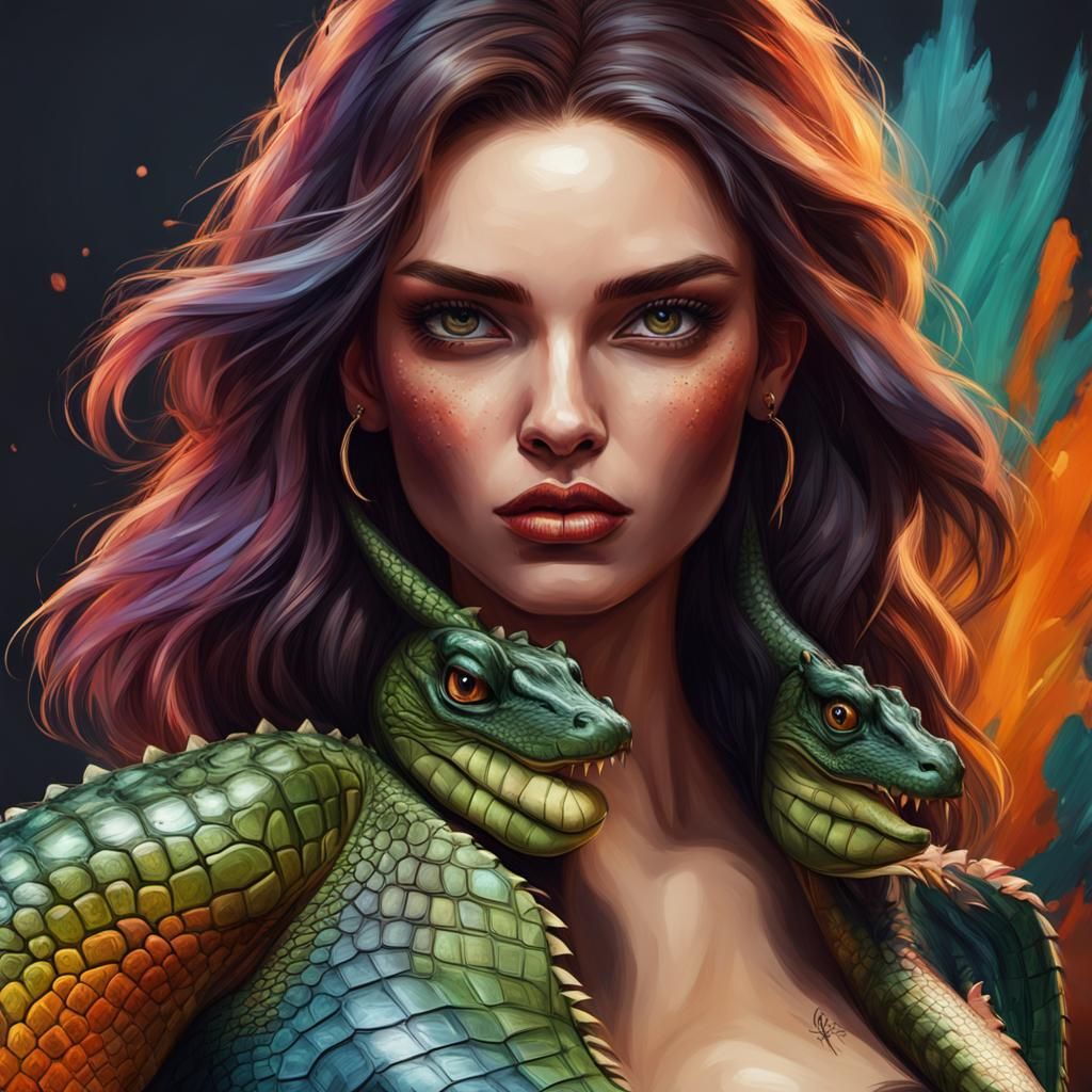 Intimidating Girl in Alligator Print, Realistic Style