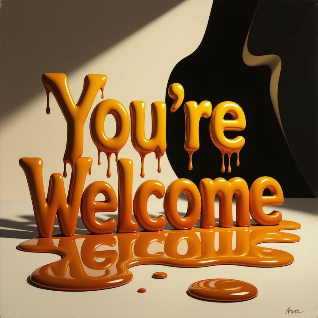 Melting "You're Welcome" Text in Surrealist Oil Painting