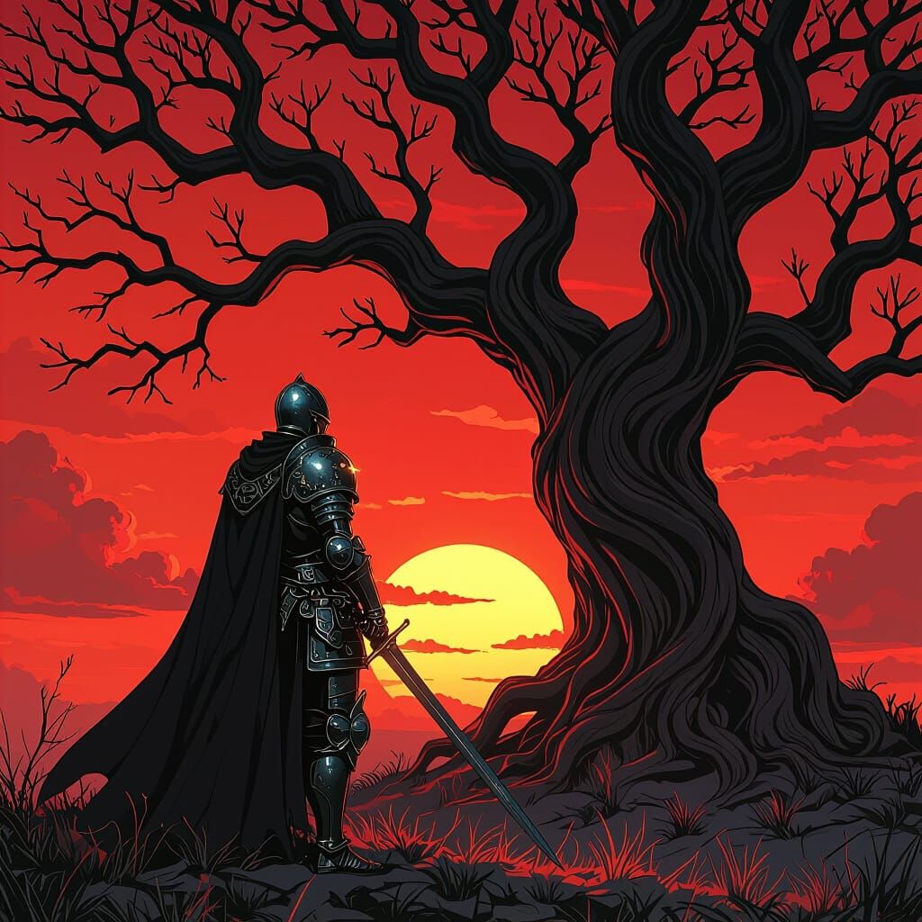 Ornate Knight at Blood-Red Sunset: Dark Fantasy Art