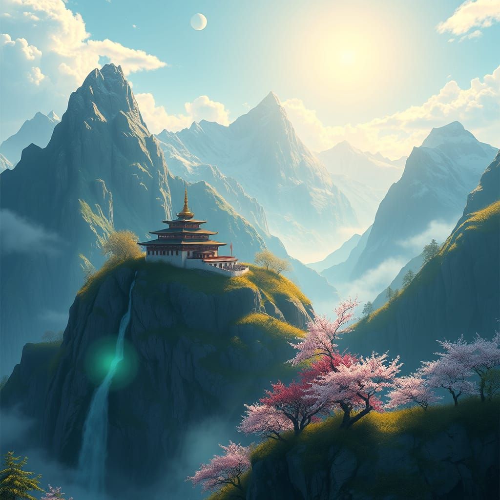 Mountaintop Monastery with Bioluminescent Crystals, in Anime...